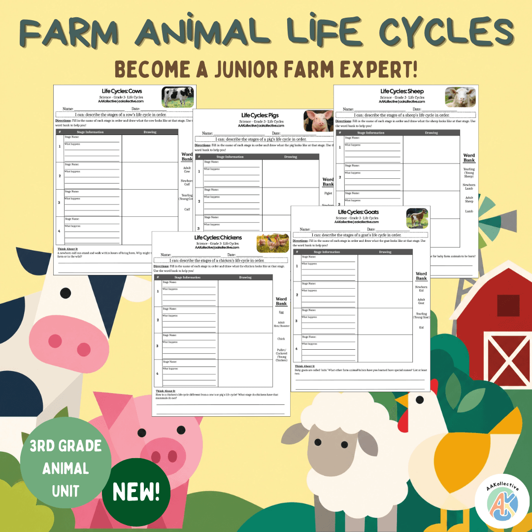 Farm Animal Life Cycles: 3rd Grade Science Worksheet Bundle preview