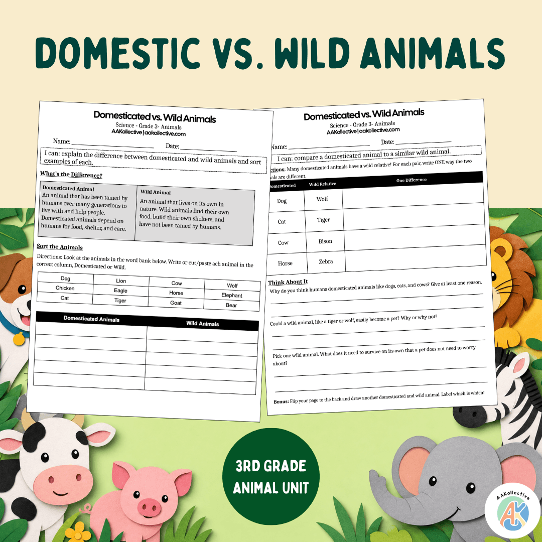 Domestic vs Wild Animals Worksheet 3rd Grade | Animal Classification Activity