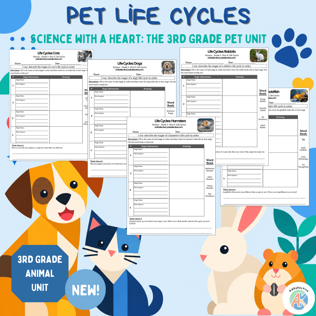 Pet Life Cycle Worksheets | Dog, Cat, Hamster, Rabbit, Goldfish | Grade 3 Science